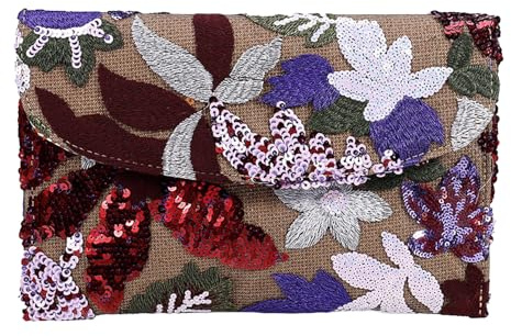 Ausing Damen-Clutch Bestickt Elegante Leichte Frauen-Handtasche Pailletten Blumenmuster Kleine Abendtasche Boho-Chic-Stil für Abend Hochzeit Fest Weinrot