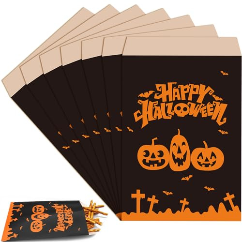 MORAINJAY 100 Bolsas Halloween de Papel Kraft, Bolsitas para Chuches y Snacks 13x18 cm con Motivos de Calabaza, Naranja y Negro, para Fiestas, Truco o Trato y Decoración