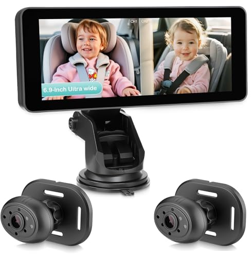 GEARCELL Baby Car Camera for 2 Kids, HD 1080P Baby Monitor with 6.9“ Large Crystal Clear Display Dual Channel IR Night Vision Car Seat Camera Wide View Angle for Rear Facing