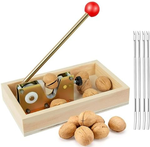 NutCracker Tool Manual Nut Crackers with Forks Heavy Duty Walnut Cracker with Wooden Base Adjustable Nut Tongs for Walnut Pecan Macadamia Hazelnuts Chestnut Almonds