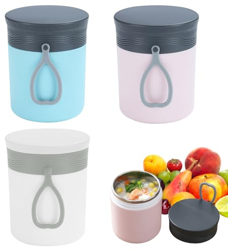 PRITOK Edelstahl Thermobehälter für Essen: 3 Stück Thermoschüssel, Vakuum Isolierte Thermo Lunchbox, Thermobecher Essen to go Warmhaltebehälter(Blau+Rosa+Weiß) (Blau+Rosa+Weiß 450ml)