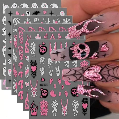 LBPEPAMZ 6Sheet Halloween Nail Stickers Pink Glitter Butterfly Spider Web Nail Art Stickers 3D Self-Adhesive Cute Ghost Bat Nail Decals Flame French Tip Flower Star Nail Supplies for Women Manicure