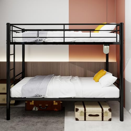 A ALFRESCOOL Litera, cama de matrimonio, cama doble sobre litera de metal, estructura metálica con escaleras y barandillas, convertible 2 camas, no requiere caja de muelles, 195 x 103 x 156 cm (negro)