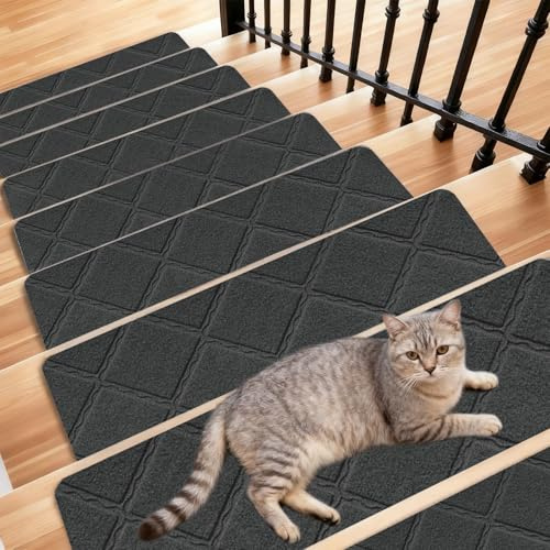 CAIEJSAEN 15 Stück Stufenmatten Selbstklebend Treppenstufen Matten 55x19cm Anti-Rutsch Treppen Treppenteppich Treppenstufenmatten Zuschneidbar Wiederverwendbar Stufenmatten Stufenteppich (Dunkelgrau)