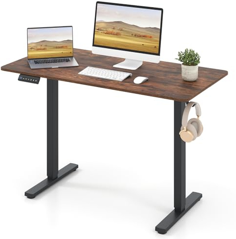 COSTWAY Bureau Assis Debout Électrique, 120 x 60 cm Bureau Réglable en Hauteur avec Panneau Intelligent à 3 Mémoires, Protection Anti-Collision, Crochet (Marron Rustique)