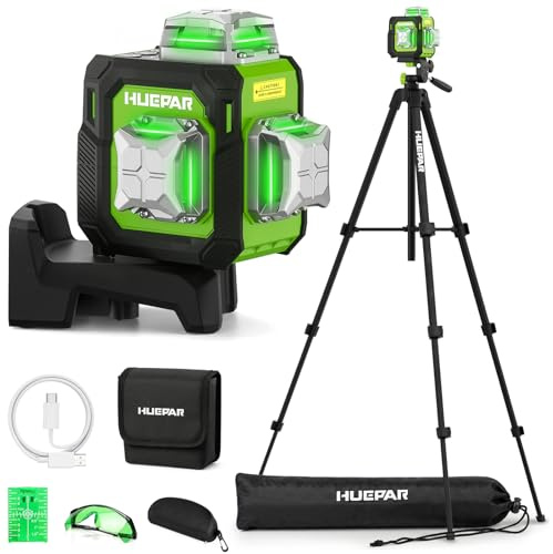 HUEPAR Laser Level with Tripod 150CM, 3x360° Green Laser Level Self Leveling Compact 12 Line Lazer Leveler Tool with Pluse Mode, Li-ion Battery, Glasses&Magnetic Bracket for Home Renovation