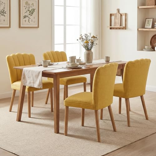 DAYALANE Retro Esszimmerstühle,4er Set, Küchenstuhl Holz, Gelb | Polsterstuhl aus Leinen, mit muschelförmiger Rückenlehne, Armloser Essstühle für Wohnzimmer & Küche