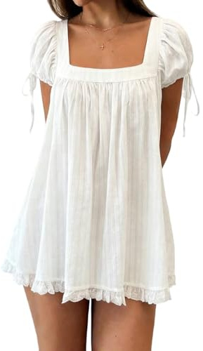 Women Puff Sleeve Babydoll Mini Dress Y2K Lace Trim Ruffle Flowy Dresses Summer Loose Swing Going Out Sundresses