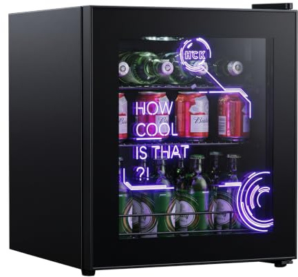 HCK 48 liters minikylskåp med glasdörr, 39 dB, cyberpunk-ölkylskåp med modern LED-belysning, dryckeskylskåp, spelkylskåp, exakt temperaturkontroll från 0–15 °C