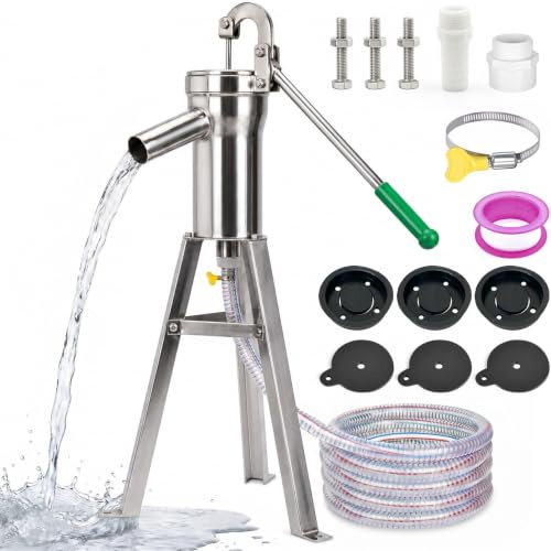 Juego de bomba de mano de acero inoxidable, bomba de agua subterránea manual, bomba de jardín, con soporte de 58 cm y manguera de agua de 5 m, para fuentes de hasta 10 m de profundidad, para jardín