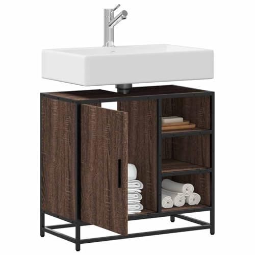 LoogCape Vanity Unit Brown Oak Look Made of Wood Material and Metal, 65 x 33 x 60 cm, 60 kg Load Capacity, Bathroom Furniture Set for Washbasin, Storage Space and Organisation in the Guest Toilet