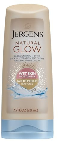 Jergens Natural Glow In Shower Lotion, Self Tanner for Fair to Medium Skin Tone, Sunless Tanning Wet Skin Lotion for Gradual, Flawless Color, 7.5 Ounce (Packaging May Vary)