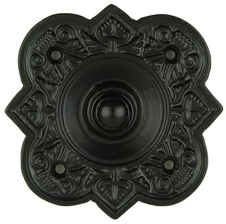 A29 Black Powder Coat Antique Doorbell Button – 3 3/4 x 3 3/4 Decorative Round Design, Cast Iron Construction with Recess Mount – Wired for Two-Wire Chimes, Weather Resistant, DIY Installation