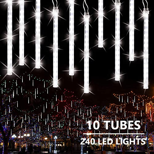 Joomer Meteorschauer Regen Lichter, 10 Röhren 240 LED Fallende Regen Lichterkette Wasserdichte Weiß Weihnachtsbeleuchtung Außen Schneefall Lichter für Outdoor Innen Hochzeit Garten Bäume Deko