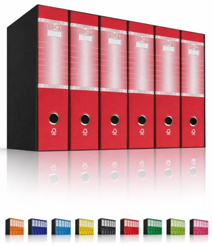 LogicaShop UBOX 6 Raccoglitori ad Anelli A4 Dorso 8 con Custodia Cartone, Formato Commerciale, Registratore con Meccanismo a Leva D, Raccoglitore con Scatola, Faldone Universale (Rosso)