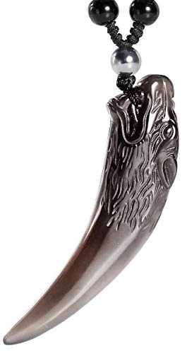 Jewboo Schwarzer Obsidian einfacher Stil Wolfszahn Halskette Naturstein Heilkristall Anhänger mit verlängerter Perlenkette Unisex, 19.69 inches - 31.5 inches, Stein, Obsidian