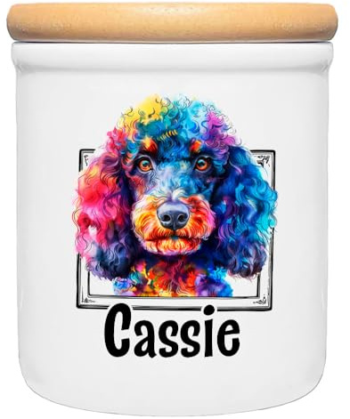 Cadouri Keramik-Leckerlidose PUDEL » personalisiert mit Name deines Hundes «┊Snackdose Keksdose Aufbewahrungsdose┊mit Holzdeckel
