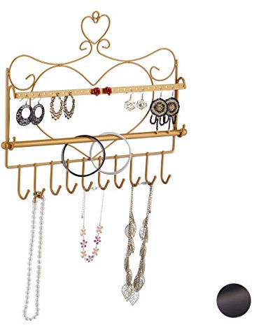Relaxdays Schmuckhalter Wand, für Ketten, Ohrringe & Armbänder, Schmuckhaken Herzform, HxBxT 30 x 36,5 x 3,5 cm, gold