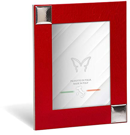 Cornice Portafoto da Tavolo 13x18 Laurea, Similpelle stropicciata Rossa con Borchie quadrate in Argento