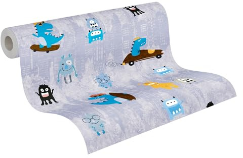 A.S. Création Kinderzimmertapete Little Love Tapete mit niedlichen Dinosauriern und Monstern PVC-freie Vliestapete blau gelb braun schwarz seidenmatt glatt 381211