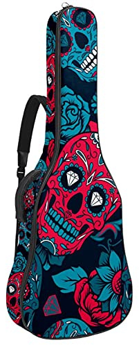 Gitarrentasche mit Totenköpfen und blauen und roten Totenköpfen, wasserdichter Reißverschluss, weicher Gitarren-Rucksack für Bassgitarre und klassische Folk-Gitarre