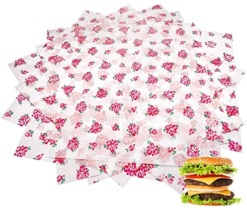 Suiwen 150pcs Spring Floral Wax Paper Sheets Sandwich Wrapping Paper, Greaseproof Wrap Paper Parchment Air Fryer Disposable Liner Food Basket Liners for Outdoor Picnic (Rose)
