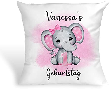Tachinedas Kreativshop Baby Kissen zum Geburtstag Mädchen mit Elefant personalisiert mit Name Geschenk