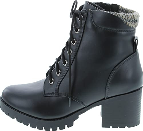 Soda Single Lug Sole Chunky Heel Combat Ankle Boot Lace up w/Side Zipper (Black Pu, 7.5)