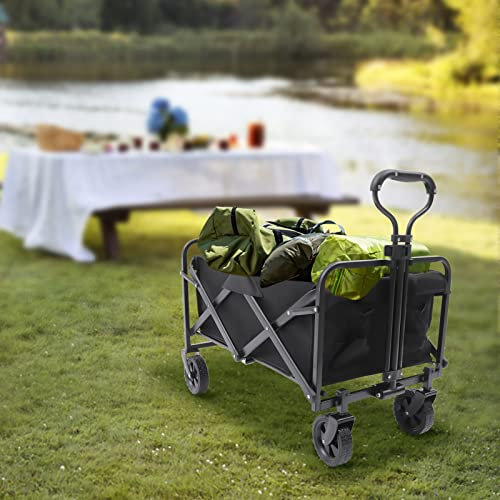 Bollerwagen Offroad Transportwagen Handwagen faltbar Gartenwagen für Camping Picknick Einkaufen mit Verstellbarer Griff, 2 Netztaschen und 360° drehbar Gummireifen, Belastbarkeit bis 80kg