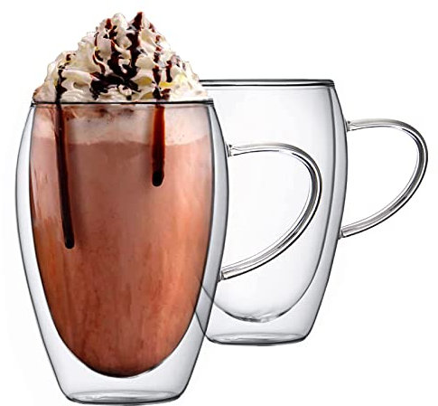 GK Global Kitchen Double Walled Glass Mugs Set of 2 Coffee Cappuccino Latte Glasses Cups with Handle Insulated Heat Resistant for Macchiato Tea Milk Juice Ice Cream Borosilicate Glass Cups (350ml)