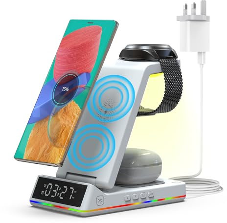 PINRUIGE Wireless Charger for Samsung With Alarm Clock and Night Light, 5 in 1 Wireless Charging Station Compatible with Samsung S23 S22 S21 S20 Z Flip 4/3 Z Fold Galaxy Buds, Galaxy Watch 5/5 Pro/4/3