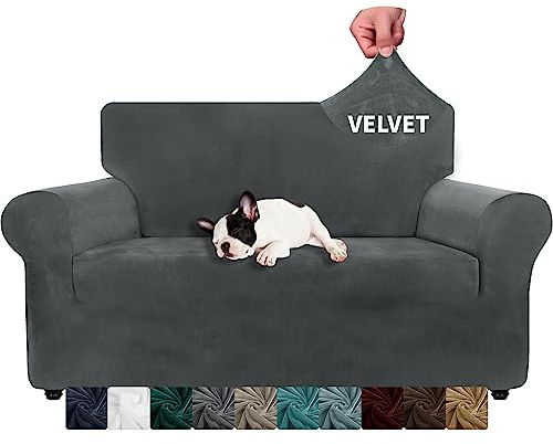 XINEAGE 1 Piece Velvet Couch Covers for 2 Cushion Couch High Stretch Loveseat Slipcover for Pets Dogs Anti Slip Love Seat Sofa Slipcover Furniture Protector (2 Seater, Grey)