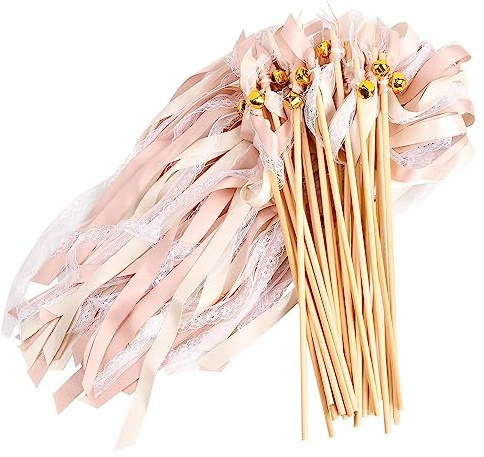 Wedding Party Ribbon Wands mit Glocke, Band Zauberstäbe Hochzeit Luftschlangen, Ribbon Fairy Stick, Wedding Wands für Hochzeit Geburtstag Feier Baby Party (Champagnerbänder + Weiße Spitze)