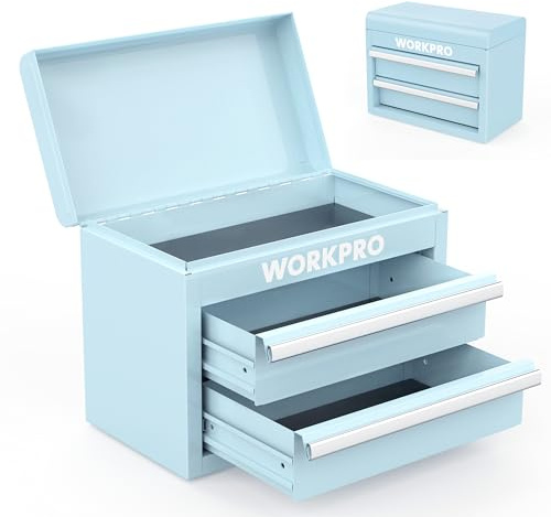 WORKPRO Mini Metal Tool Box with 2 Drawers and Top Storage, Small Tool Chest with PVC Liners and PP Feet Pads, Cold Rolled Steel Toolbox with Magnetic Tab