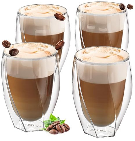 ElbFuchs® Latte Macchiato Gläser doppelwandig CURVED [4x 330ml] | Thermogläser doppelwandig | Cappuccino Tassen Glas | Kristallklare doppelwandige Gläser | Teegläser | Kaffeegläser