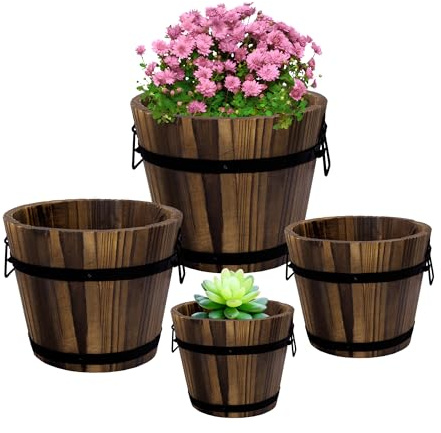 Adnee 4 Pack Wooden Whiskey Barrel Planters - 4 Sizes Wooden Bucket Barrel Garden Planters Set - Rustic Flower Planters Pots Container for Indoor Outdoor Garden Home Plants(4.7,6.1,7.1,9)