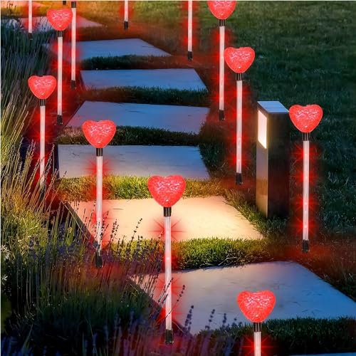 LOOPES 8 Pack Solar Garden Lights Outdoor,Red Heart Garden Ornaments Lights Solar Powered Waterproof-8 Lighting Modes,I Love You Gifts for Her Him Just Married Anniversary Christmas Wedding Valentines