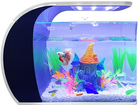 5 Gallon Fish Tank - Arc-Shaped Glass Tank w/LED Lights - Fish Tank Kit w/Filter, Water Pump, Bag of Filter Media & More - Beautiful Aquarium Set for Office & Home - Easy Assembly Starter Kit