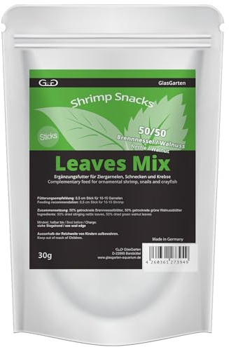 GlasGarten Shrimp Snacks Leaves Mix | 30g – relativ schneller Zerfall = kein Futterstress, aus 50% Brennesselblätter / 50% Wallnussblätter, mit viel Kalzium, Eisen, Magnesium & Eiweiß