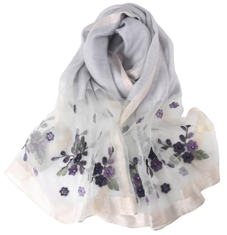 Anvevkn Damen Seiden Schal Bestickt Leichter Schal Tuch für Hochzeiten, Elegantes Braut & Abendmode-Tuch (C-grau)