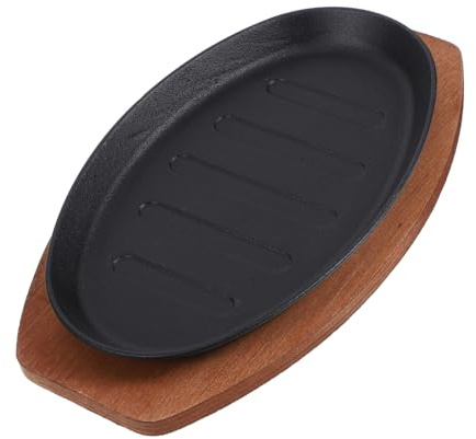 Mikinona Padella in Ghisa Cast Iron Pan Antiaderente con Base in Legno, Resistente allo Sporco, Facile da Pulire per Piatti per Servire e Bistecche alla Griglia