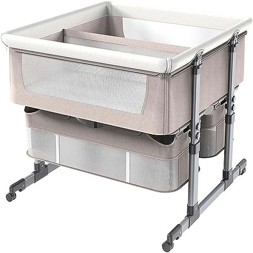 PRMTYUP Khaki,Babybett FüR Zwillinge Mit Aufbewahrungskorb, 6-Fach HöHenverstellbares, Leicht Zusammenklappbares Kinderbett, Tragbares Stubenwagen-Babybett FüR Kleinkinder, Neugeborene