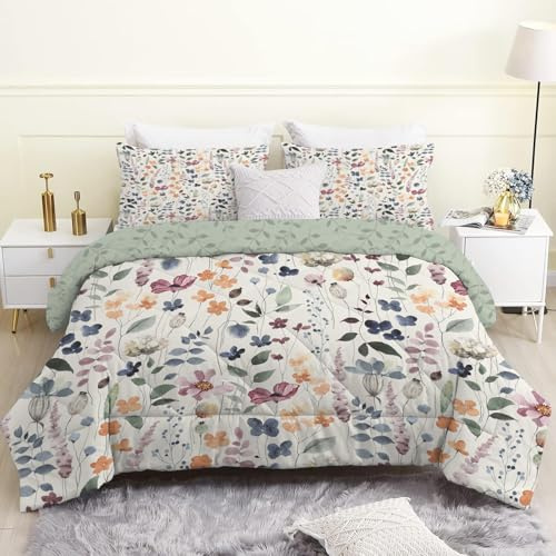 Linfye Bettdecke 240x220 cm, Beige Blume Bettdecke 220x240 4 Jahreszeiten, Salbeigrüne Pflanzen Steppdecke Waschbar Bettdecken, Vierjahreszeiten Schlafdecke Ganzjahresdecke mit 2 Kissenbezug 80x80cm