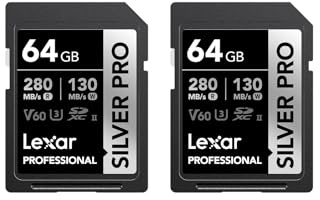 Lexar Silver Pro Carte SD 2x64Go, Carte mémoire SD UHS-II, V60, U3, C10, Jusqu'à 280Mo/s en Lecture, 130Mo/s en écriture, Carte SDXC pour DSLR/caméra/Photographe/vidéaste/passionné(LSDSIPR064G-B2NAA)