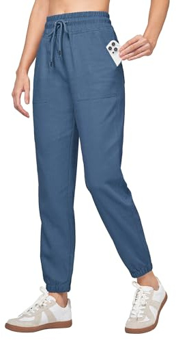 WILLIT Pantalones de chándal para mujer, algodón y lino, pantalones de deporte, informales, pantalones ligeros, pantalones de entrenamiento, lounge, viajes, verano, con bolsillos, azul vaquero, 3XL