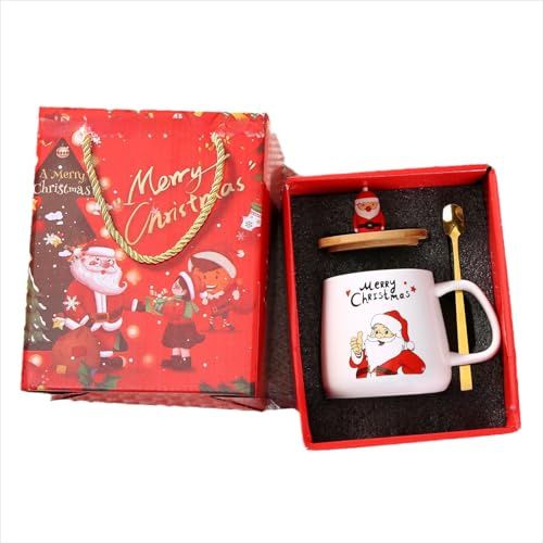 Tazza di ceramica di Natale con coperchio e cucchiaio Nuova tazza creativa cartone animato con scatola regalo (A（Natale vecchio uomo))