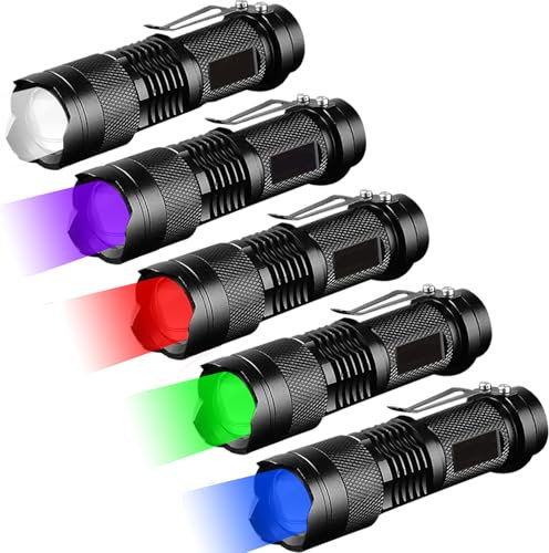 MVIOCS Confezione da 5 torce a 5 colori con 3 modalità: torcia a luce rossa, torcia a luce verde, torcia a luce blu, torcia a luce UV, luce bianca fredda per osservazione notturna