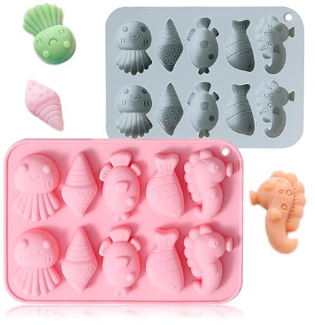 Honicemar Molde de chocolate con forma de vida marina de 10 cavidades, herramientas de horneado, molde de silicona con temática marina, juego de 2 moldes de silicona antiadherentes para pasteles