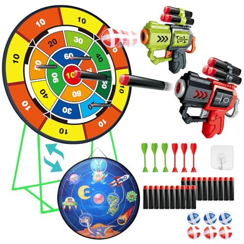 Juego de dardos doble cara para niños, juego de dardos de pie y colgante de 29 pulgadas con 2 pistolas, juego de carnaval interior y exterior para niños y niñas de 3, 4, 5, 6, 7, 8 años