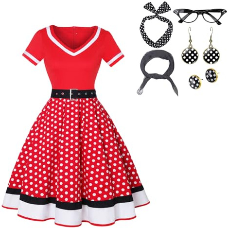maxToonrain Costume vintage des années 50 pour femme - Avec accessoires, écharpe, bandeau, boucles d'oreilles, lunettes (7 pièces)